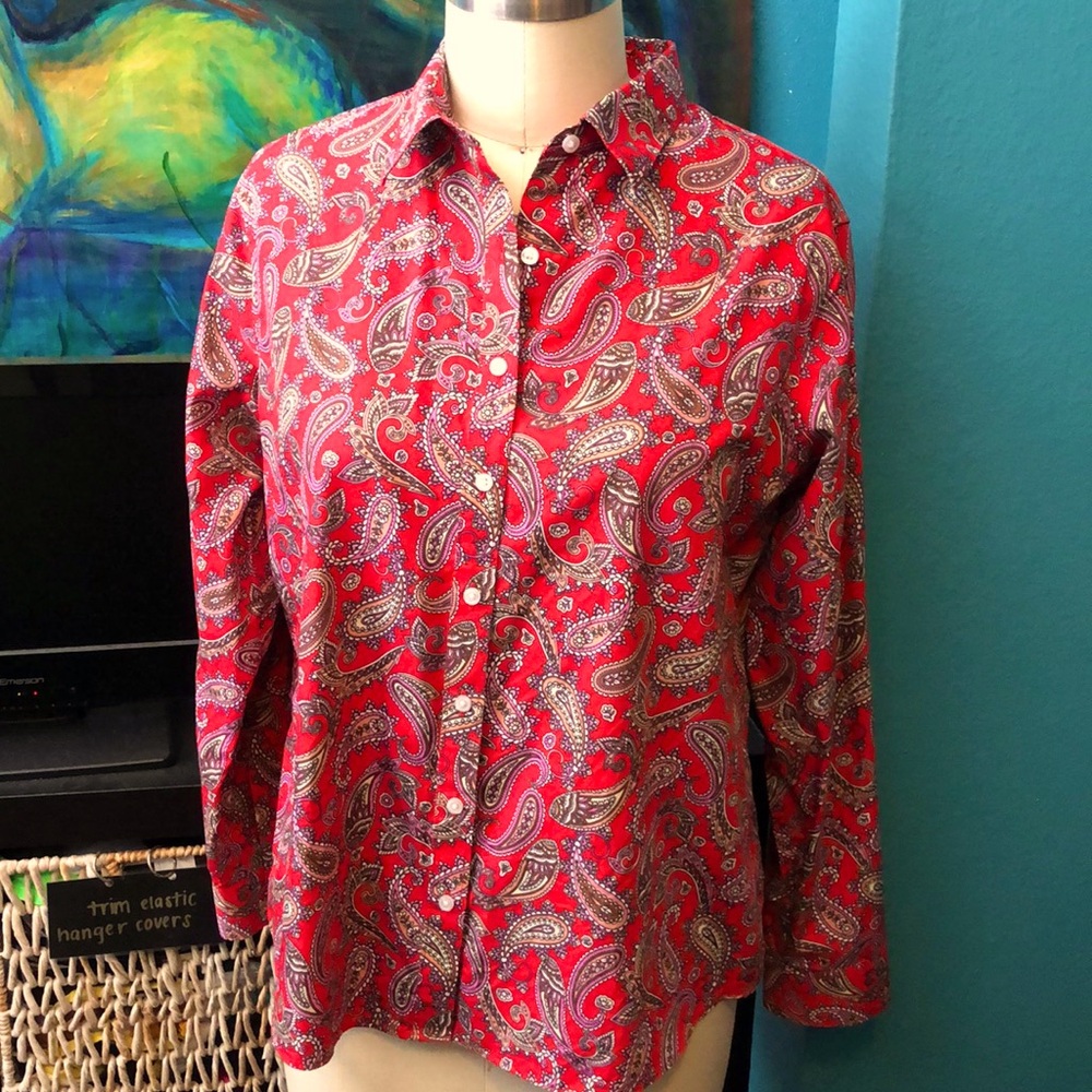 Lands End No-Iron Supima Cotton Red paisley button down dress shirt in Petite